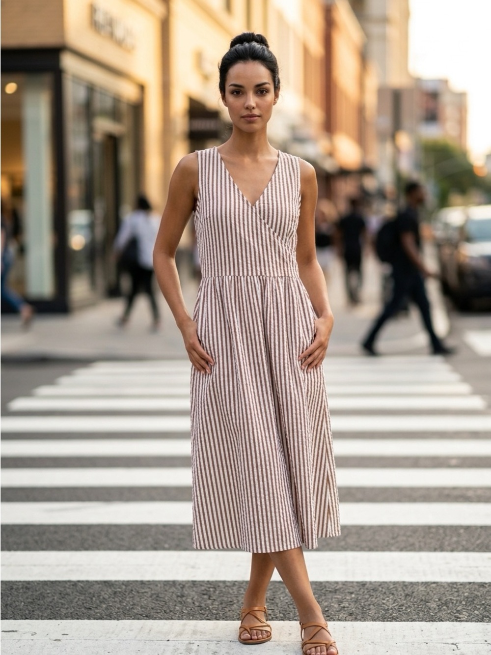 St. John's Bay Striped Sleeveless V-Neck Midi Dress in Beige and White
